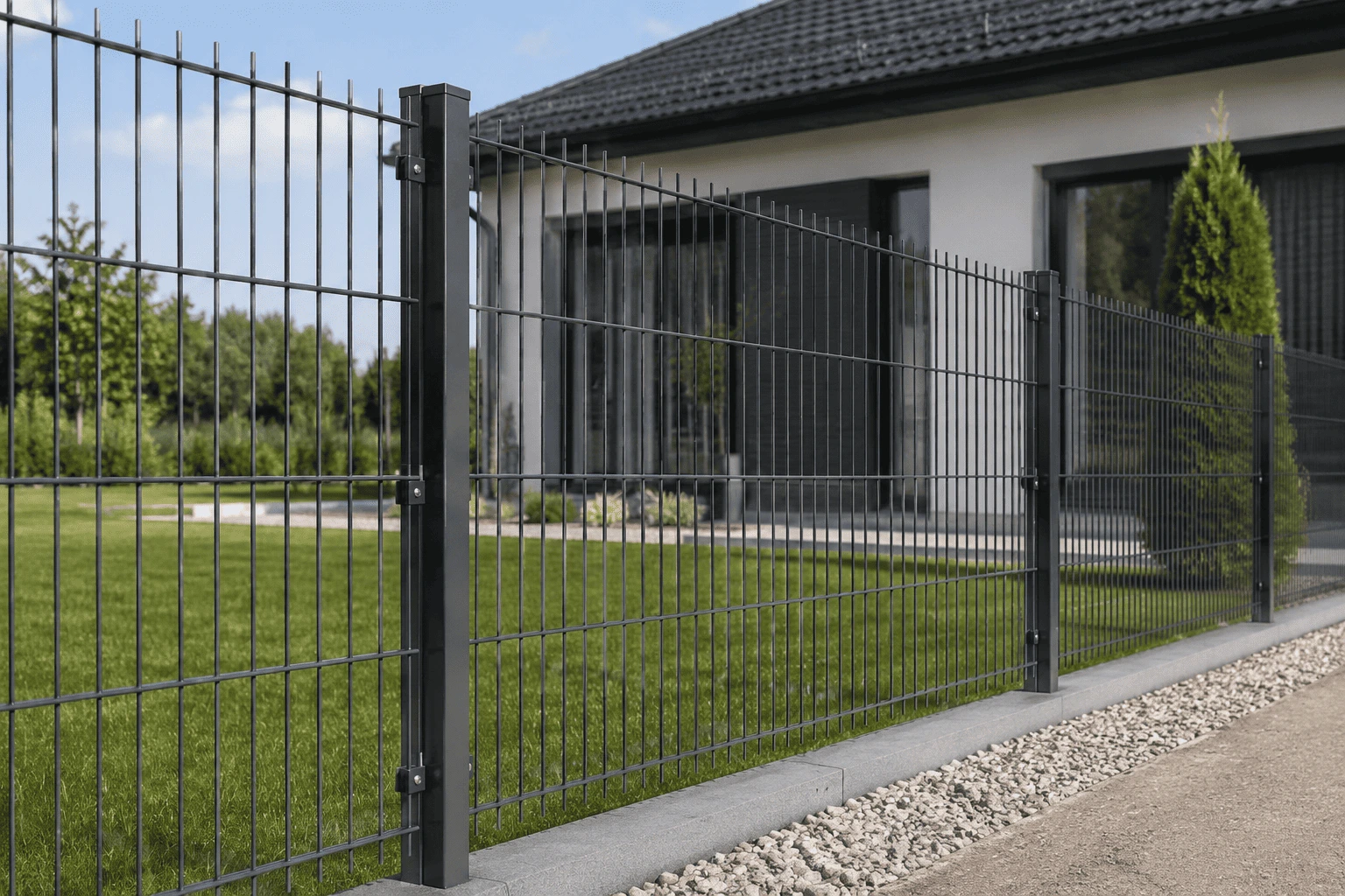 Doppelstabmattenzaun aus Polen in Anthrazit vor einem Einfamilienhaus