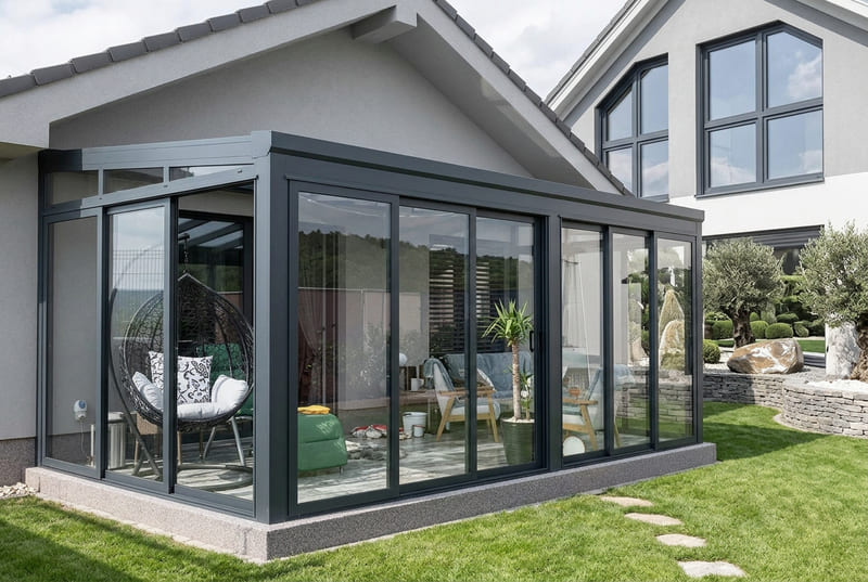 Aluminium-Wintergarten aus Polen mit anthrazitfarbenen Schüco-Profilen und großen Schiebetüren am Einfamilienhaus