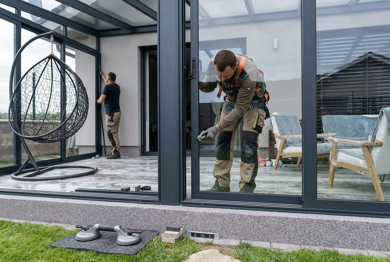 Polnische Monteure bei der professionellen Montage eines Aluminium-Wintergartens vor Ort in Deutschland – Verglasung und Endmontage