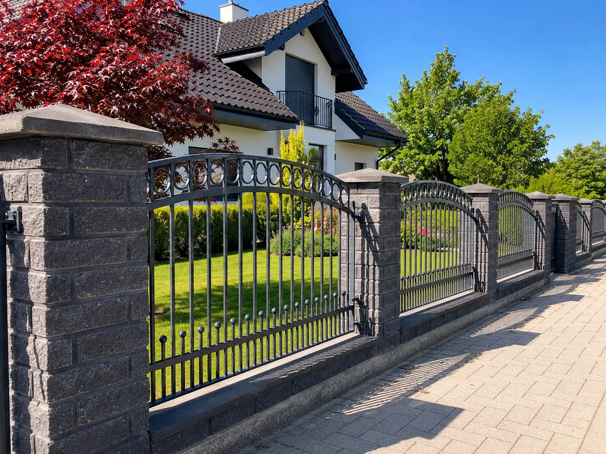 Handgeschmiedeter Schmiedezaun aus Polen in Anthrazit mit Ringornamenten, Bögen und Kugeln auf Klinkerpfeilern