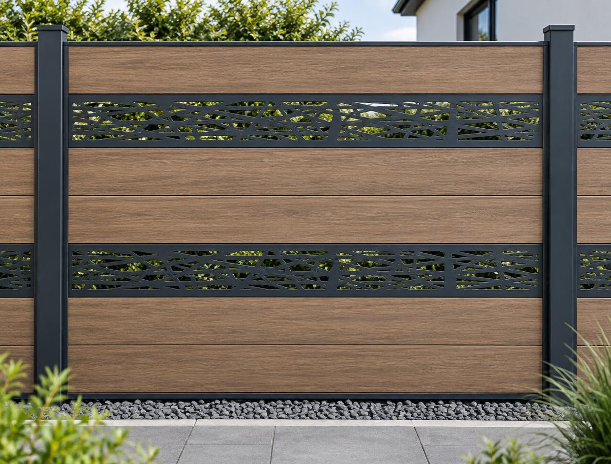WPC-Zaun mit dekorativen Einsätzen und Holzoptik
