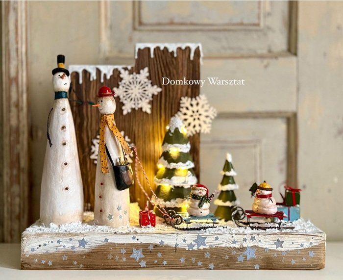Schneemann-Familie – Handgemachte Weihnachtsdekoration aus Holz